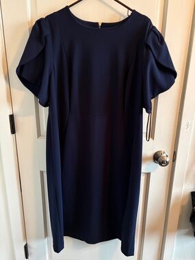 Calvin Klein Navy Puff-Sleeve Midi Dress